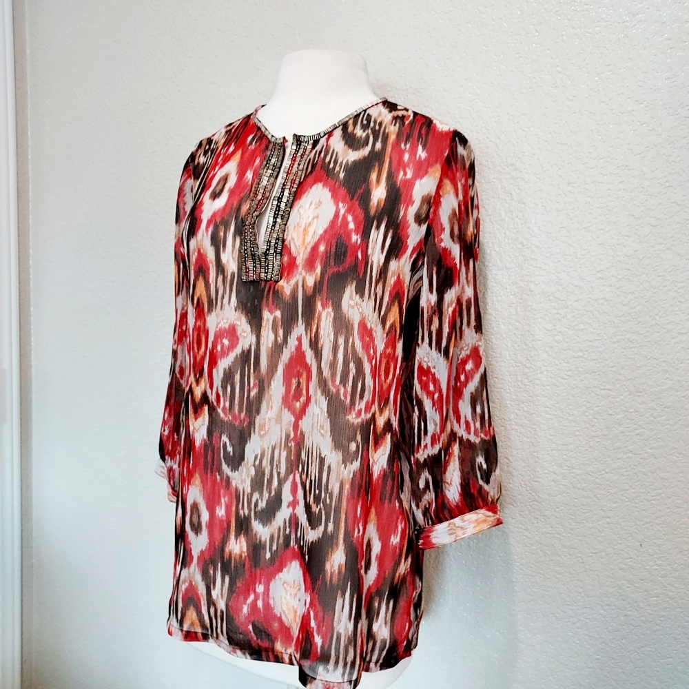 🔴3/$20 Chico's Red & Brown Sheer 3/4 Sleeves Blouse Size M - Picture 5 of 13